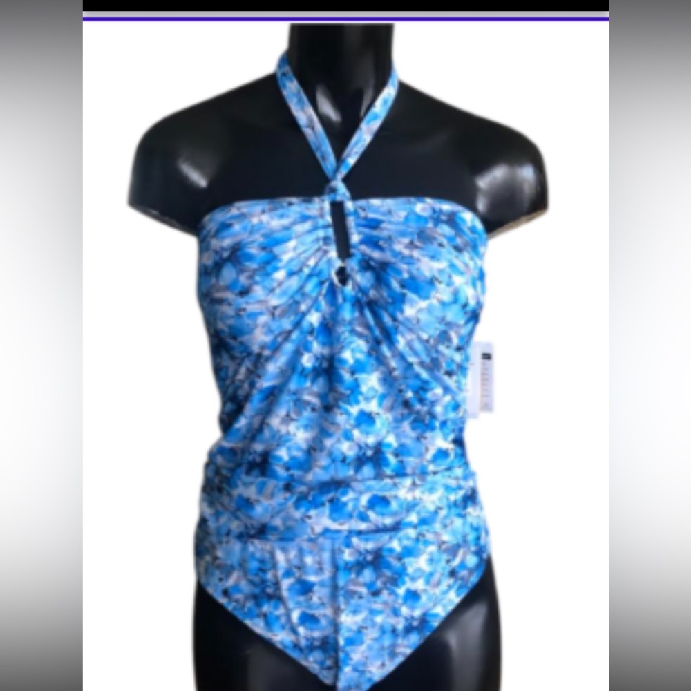 Robert Graham Blue Floral Halter Ruched Lined Swim Suit NWT Sz 12